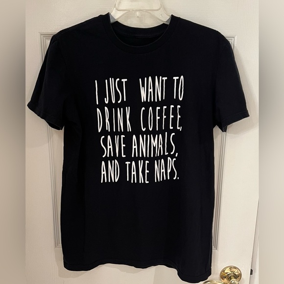 DRINK COFFEE SAVE ANIMALS TAKE NAPS black tee T-shirt sz Medium Unisex - Picture 3 of 3